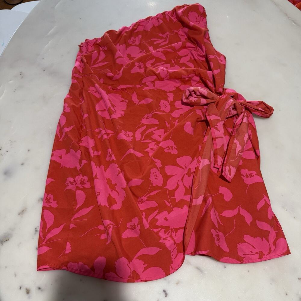 SHEIN 2XL Pink Floral One-Shoulder Wrap Mini Dress Side Tie Bow Beach Summer Y2K
